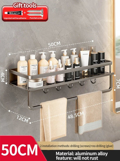 Aluminium Bathroom Rack with Hooks - Grey - Handy House